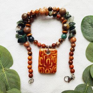 Stone & Wood Beaded Pendant Necklace, Earthy Goblincore Necklace, Witchy Boho